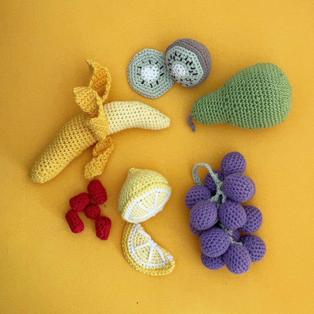 a selection of crochet fruits
